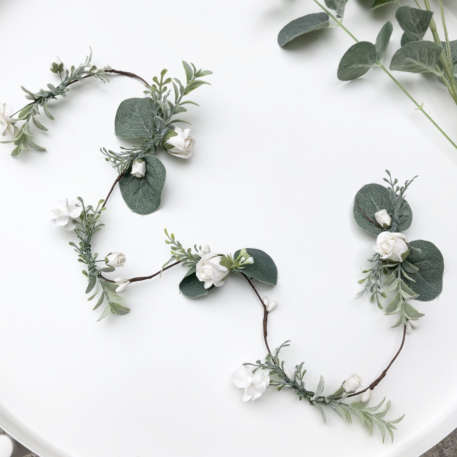 Eucalyptus and Ivory Flower Hair Vine — Daisy & Tanya