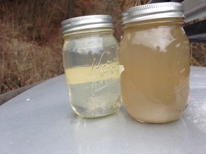 California (left) and Hangman (right) Creek water samples.  The difference is clear.