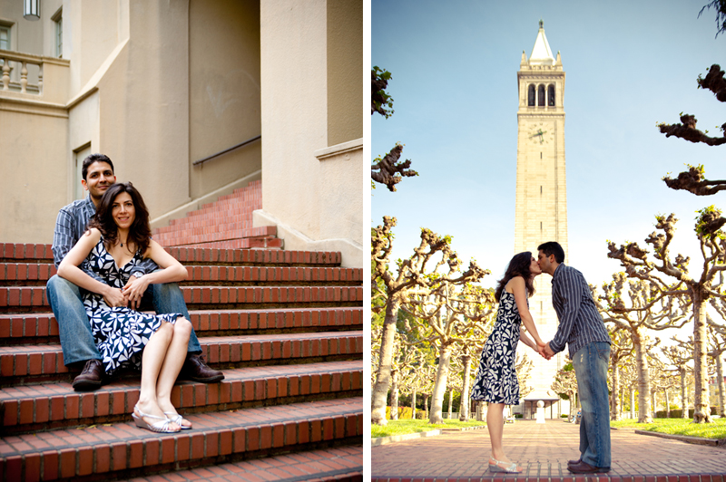 Engaged couple kiss in front of Campanile