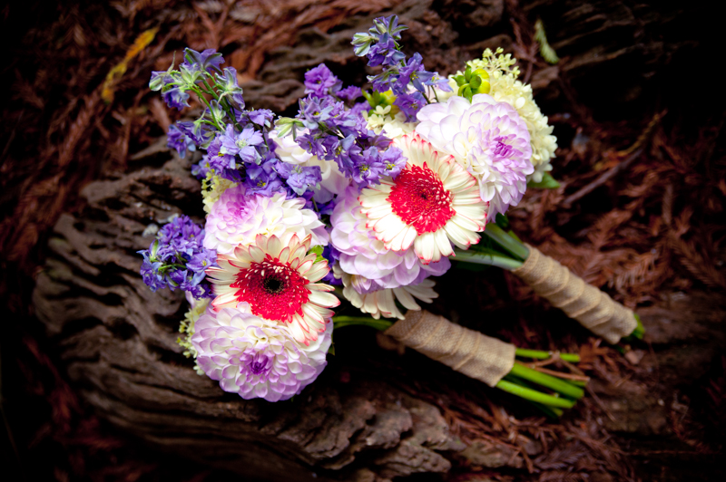 Brides Bouquets at base of redwood tree