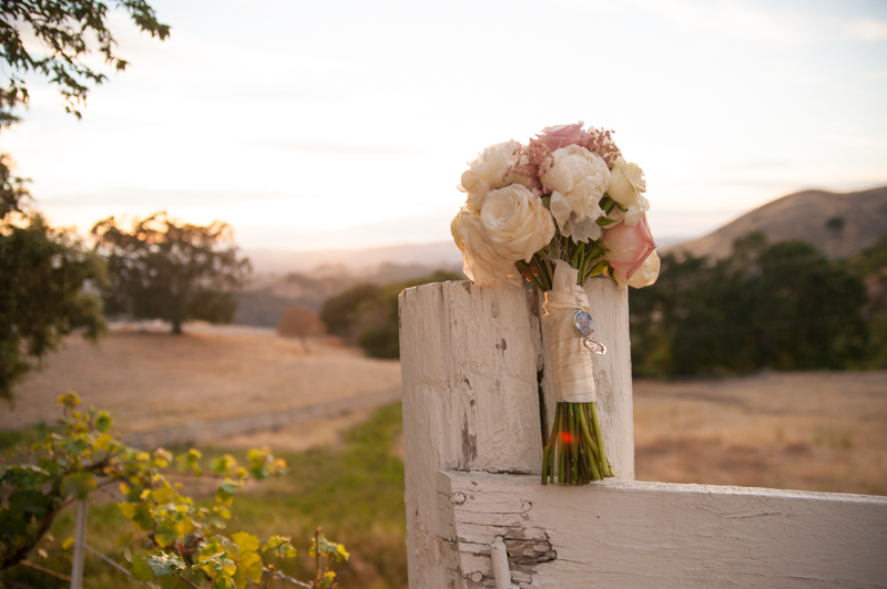 Wedding bouquet on white wooden fence on Mt. Diablo