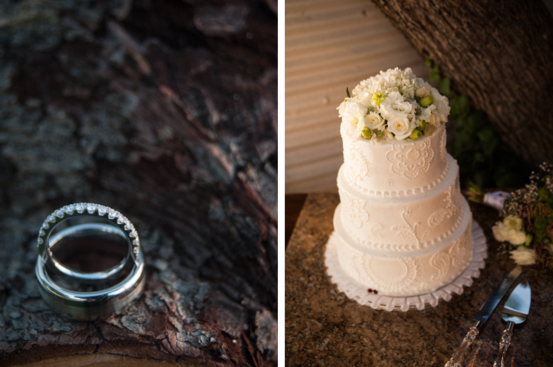 Detail of wedding rings and wedding cake