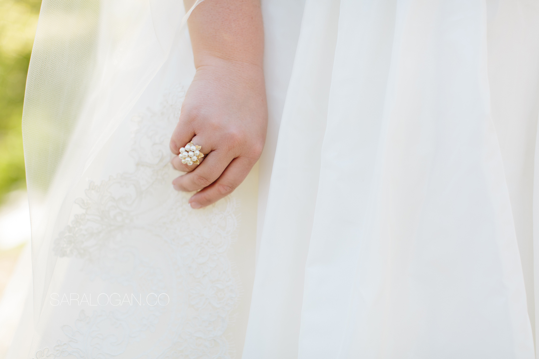 Vintage right-hand ring on wedding veil