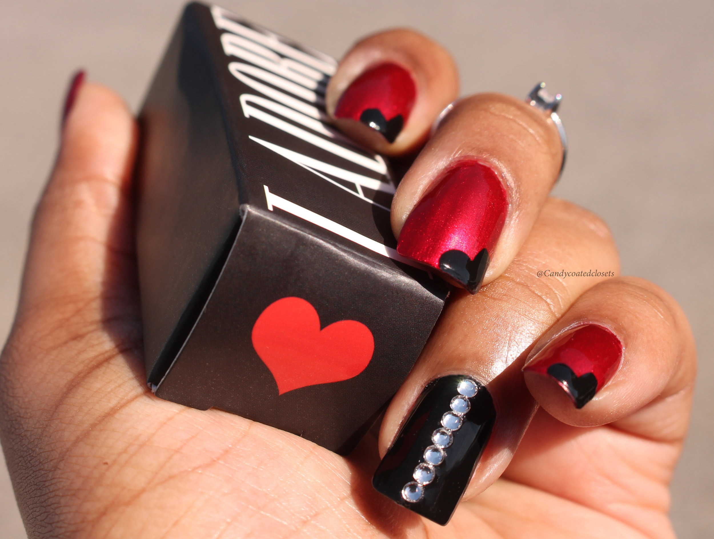 Valentine's Day Nail Art | Red and Black Hearts Nail Tutorial With  Rhinestones — Candy Coated Closets