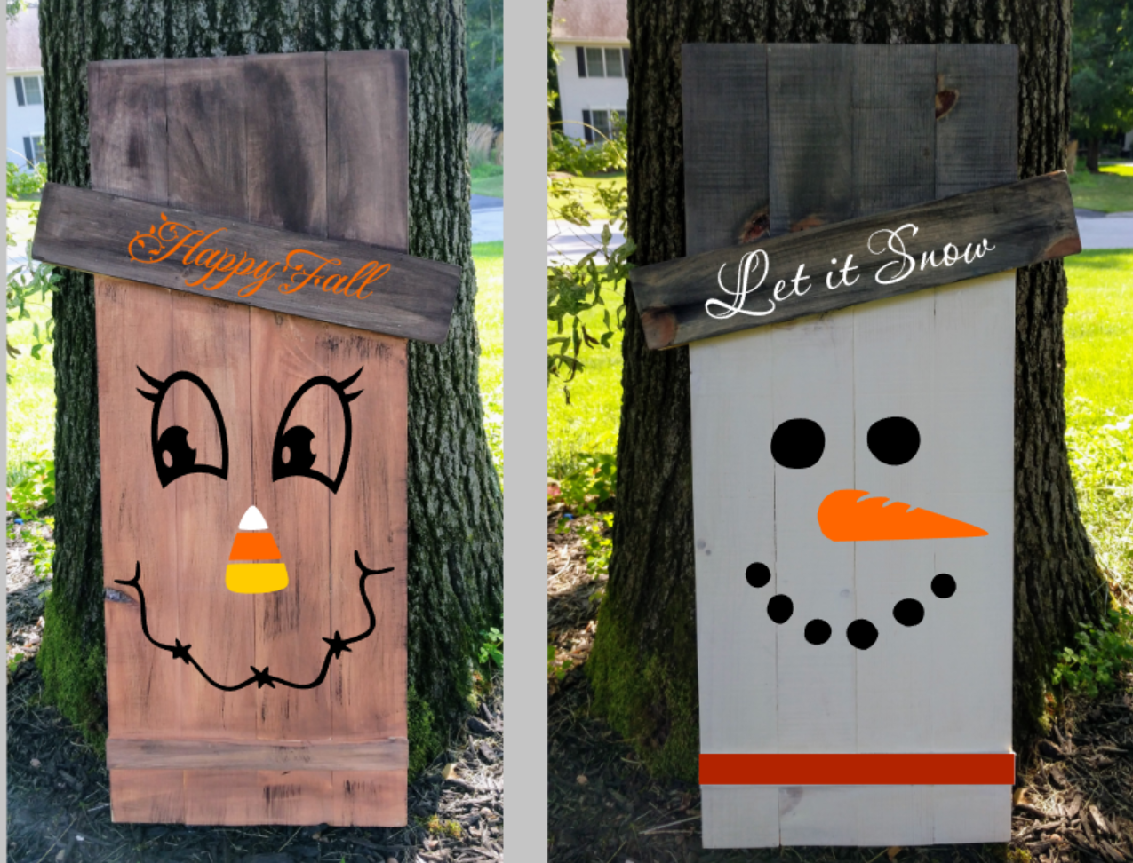 Reversible Halloween/Christmas Scarecrow/Snowman Seasonal Wooden Greeter Sign 