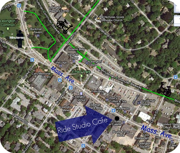 Map of Ride Studio Cafe in Lexington, MA