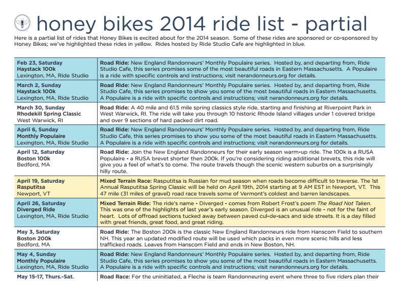 Honey Bikes Ride Calendar