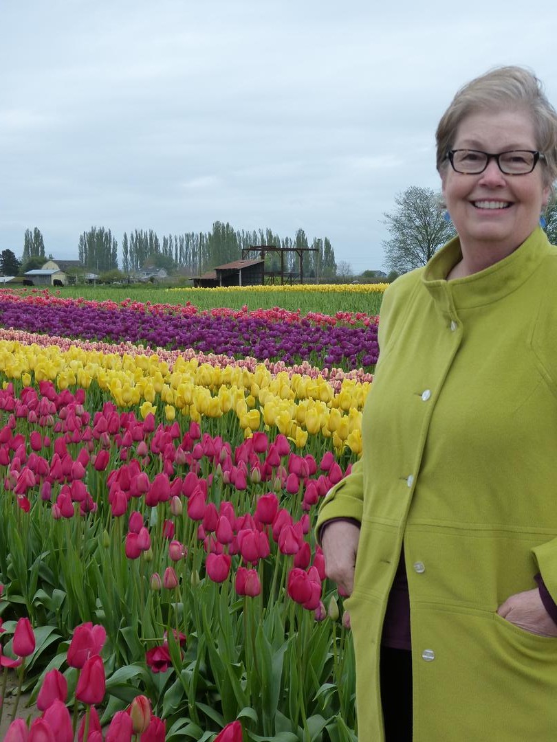 Susan trying to stay warm out in the tulip fields