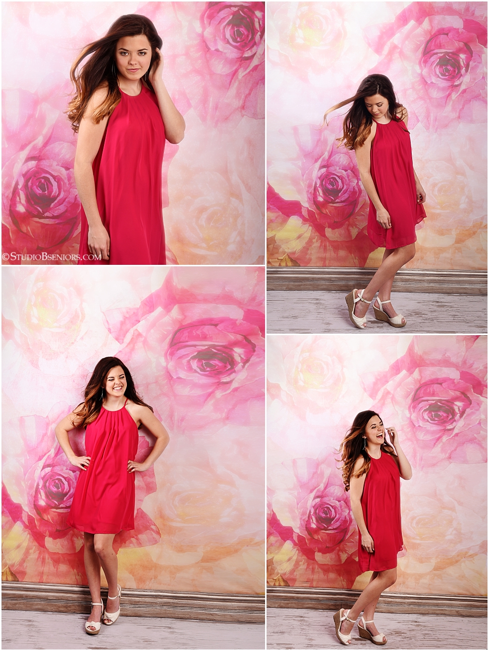 Senior Pictures of pretty brunette in pink dress on floral backdrop at Studio B near Seattle_0319.jpg