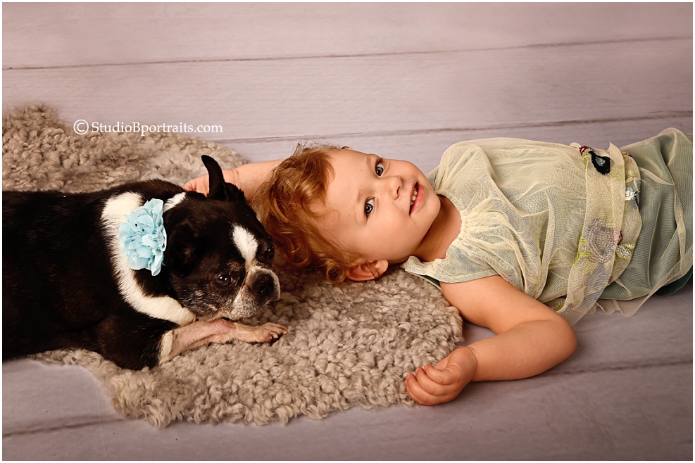 Boston terrier dog wearing blue flower bow around neck and laying with toddler girl