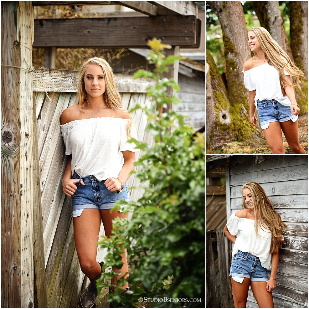 Senior pictures of girl in jean shorts and peasant top photographed at Studio B Portraits by photographer Brooke Clark