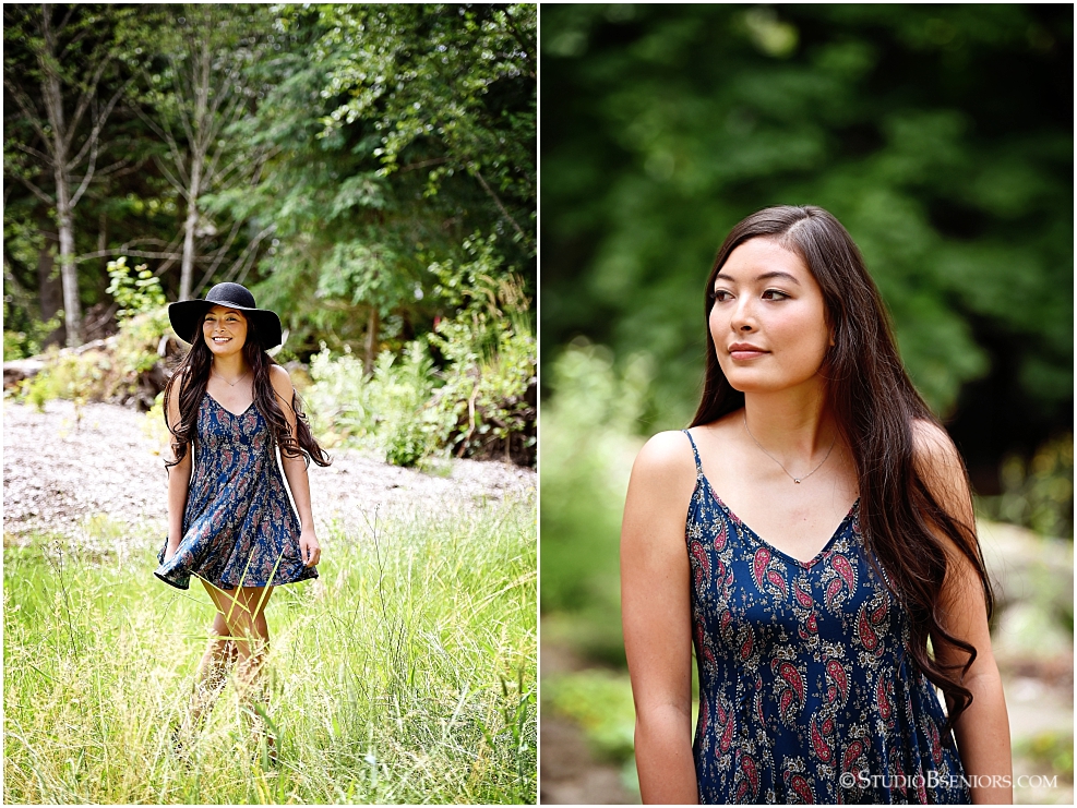 Chic senior pictures in dress and black hat in a field_Studio B Portraits
