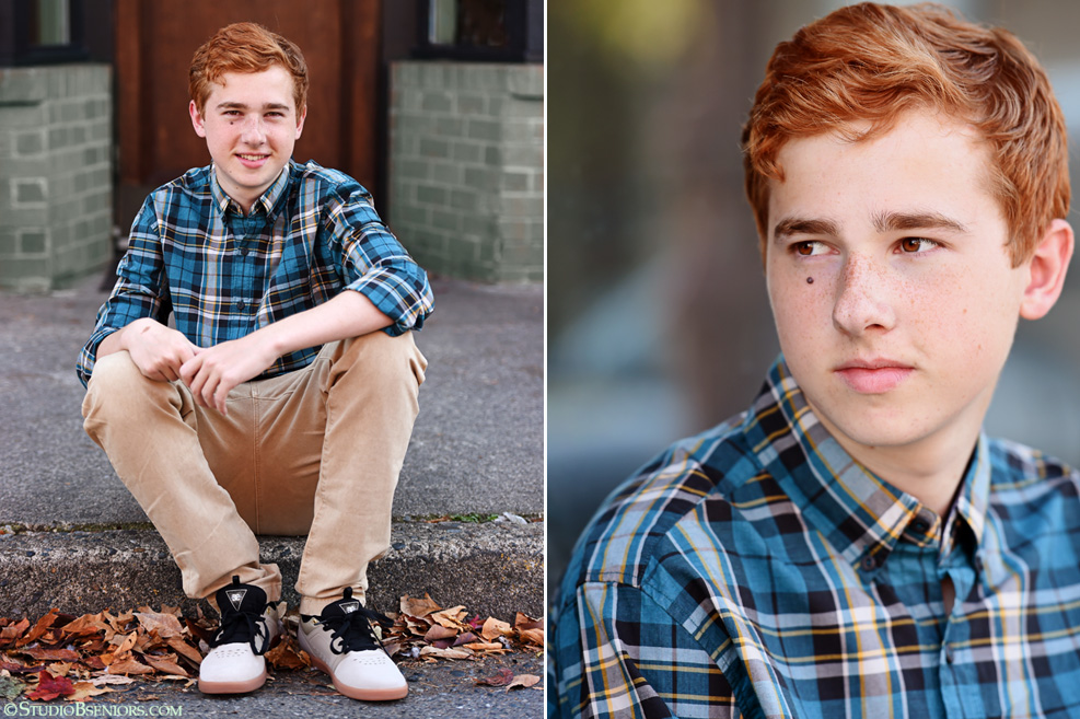 high-school-senior-pictures-of-red-head-boy-in-blue-plaid