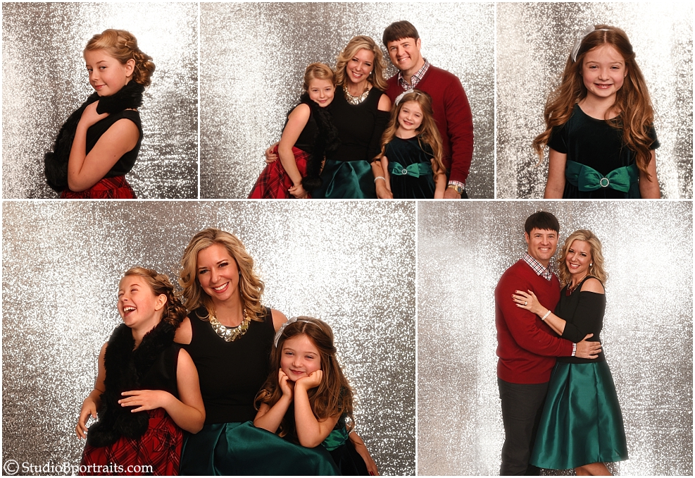 Formal Christmas Family Portraits on silver glitter backdrop