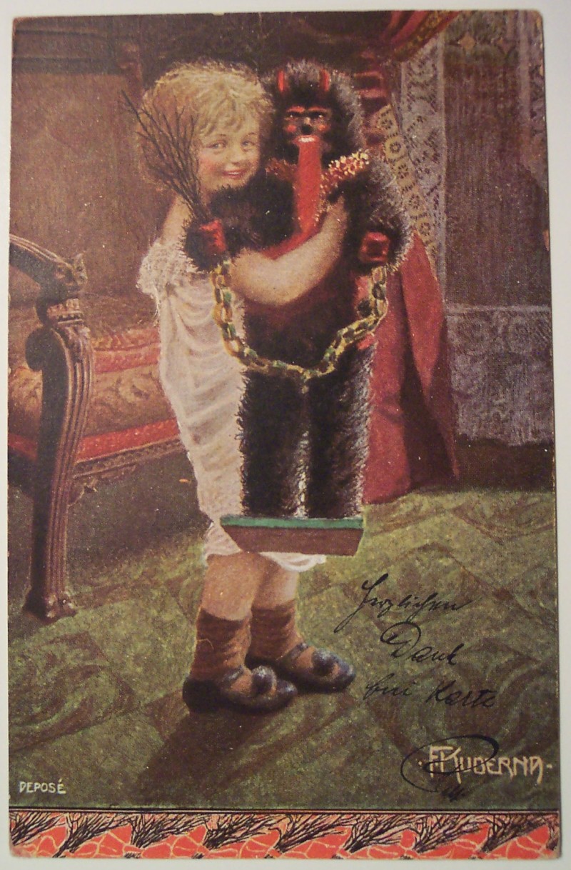 "Vintage Christmas Postcard Krampus" by Dave / Flickr photo Christmas Eve 1928. Licensed under CC BY 2.0 via Commons