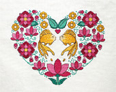 Cross stitch pattern, heart needlepoint, cross stitch wedding, gold fish and lotuses needlepoint