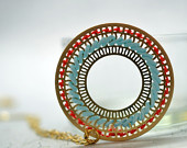 Bohemian Gold and Turquoise Circle Pendant Necklace , Cross Stitch Jewelry