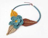 Crochet country flower choker necklace, ethnic tribal flower necklace choker, flower and leaves necklace, green, brown
