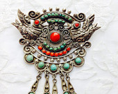 Matilde Poulat/Salas Mexican Sterling Silver Brooch with two birds Coral and Turquiose Stone. Stamped Matl Salas Mexico 925. 