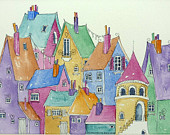 Town Houses bright colourful houses, all full of character an original watercolour painting.