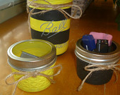 Painted Mason Jars, Striped, Yellow and Black Bumble Bee Set of 3