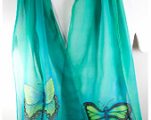 Hand painted silk scarf. Butterfly Silk Scarf. Turquoise green silk chiffon. Handmade silk scarf. 10" x 58" Free gift wrapping. handpainted