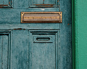 Blue Door, Mail slot, green,  Square Photograph