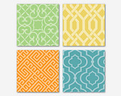 Geometric Prints - Wall Art Quad - Geometric Shapes on Apple green, Turquoise, Gold, or Orange -  8 x 8 prints - Room decor