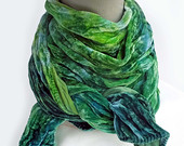 Velvet scarf - crinkle scarf - silk blend velvet - winter scarf - hand dyed - green, emerald green, lime green, blue - jewel tone - 14"x72"