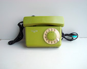 Vintage green rotary telephone, Soviet USSR working dial table telephone 1980s