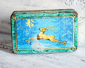 Vintage tin  box deer winter decor  Rustic shabby chic blue mint green   cookies box  tea box for threads other things north  design