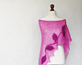 Pink shawl, hand knit shawl, triangular shawl, shawl wrap, felted shawl, mohair shawl, felt appliques, flower felted, modern clothing