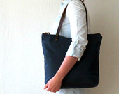 Waxed Canvas Bag Zip Tote Bag Navy Blue, Leather handles, Large Canvas Tote, Carryall Many Pockets, Shoulder Bag, Everyday Bag, Unisex Bag