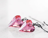 Pink Valentine Heart Earrings Sterling Silver Oxidized Wire Wrapped Swarovski Crystal Sweetheart Earrings