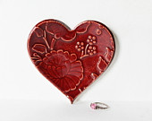Clay Heart Ring Dish, Red Pottery, Flower Print, Earthy Red