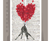 LOVE Carries All3 even a Giraffe  - ORIGINAL ARTWORK printed on Repurposed Vintage Dictionary page -Upcycled Book Print