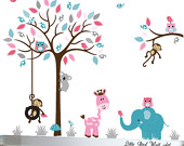 Pink, grey and turquoise childrens nursery jungle wall decal tree - 046