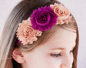 Triple Shabby Chic Flower Headband - Tan & Magenta - Thick Elastic - Baby Headband Adult Headband Child Headband