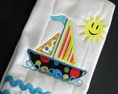 Sailboat and Happy Face Burp Cloth, Embroidery Applique, Aqua Rick Rack Trim, baby item, new baby, infant item