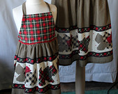 Mother Daughter Full Apron Set with Plaid and Checked Scottie Dogs in Red, Green, Black & Khaki