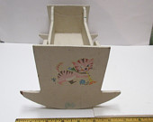 Doll Cradle Vintage Baby Doll Bed Pink Wooden with Retro Decals Primitive Miniature Doll Furniture Childs Toy Chippy Paint Kitsch