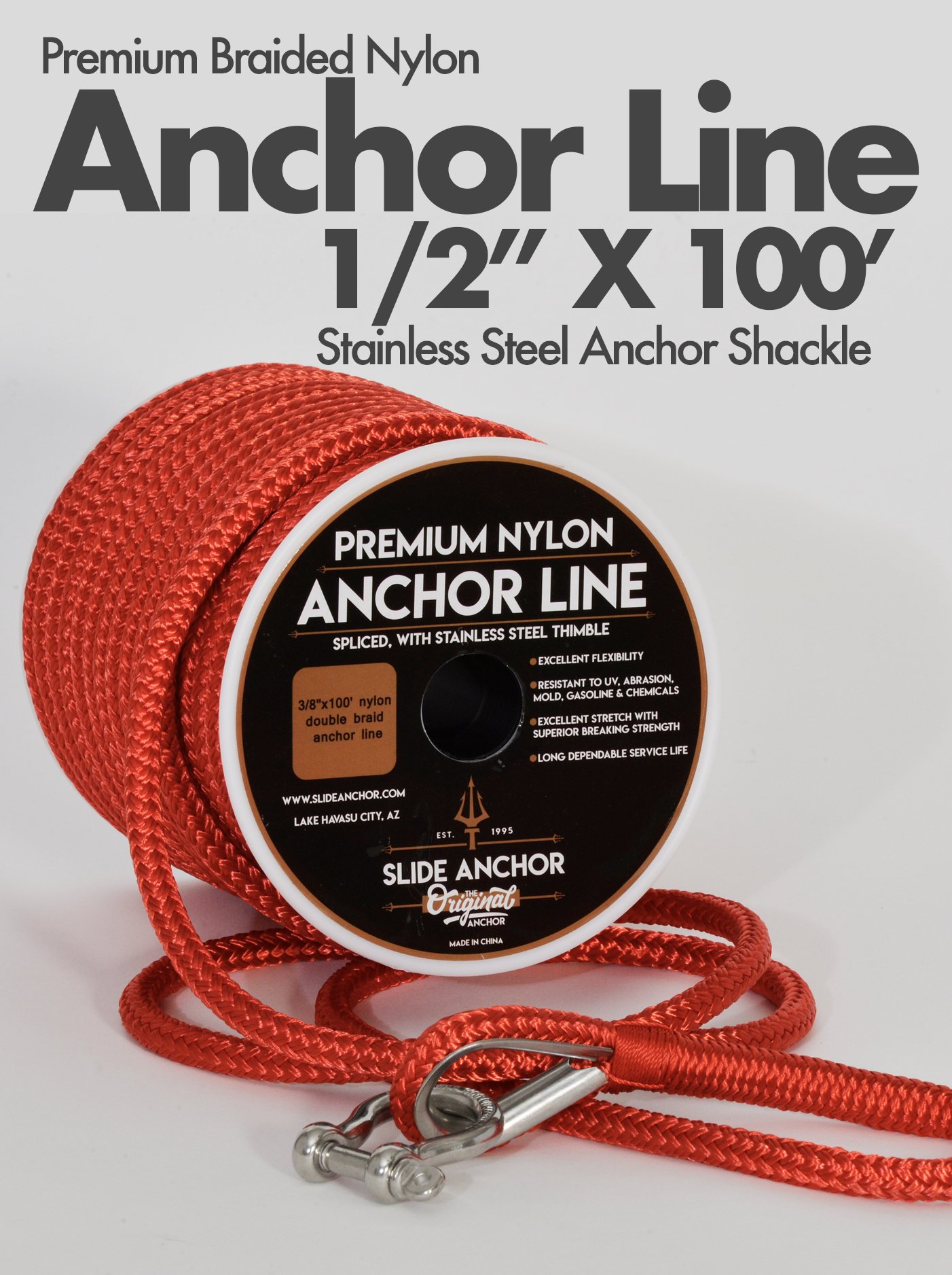 1/2 Premium Braided Nylon Anchor Line - 100 ft. (Includes Stainless  Shackle) — Slide Anchor