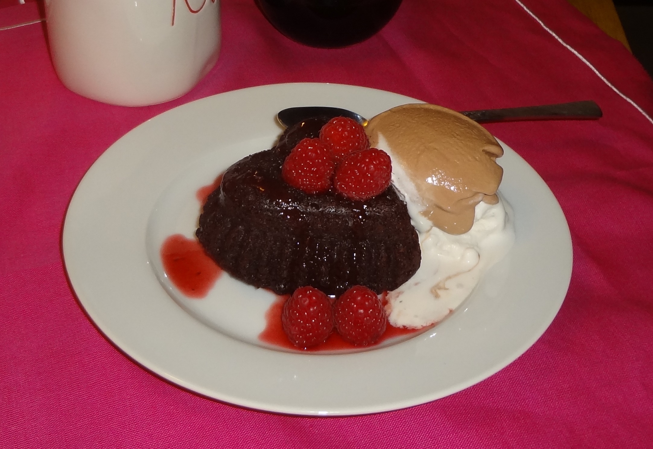chocolate cake with raspberry agave sauce