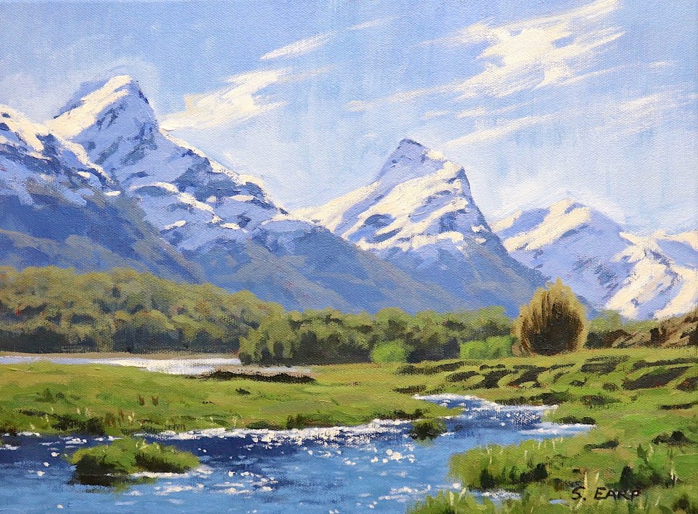 Handmade mountain acrylic scene landscape painting.