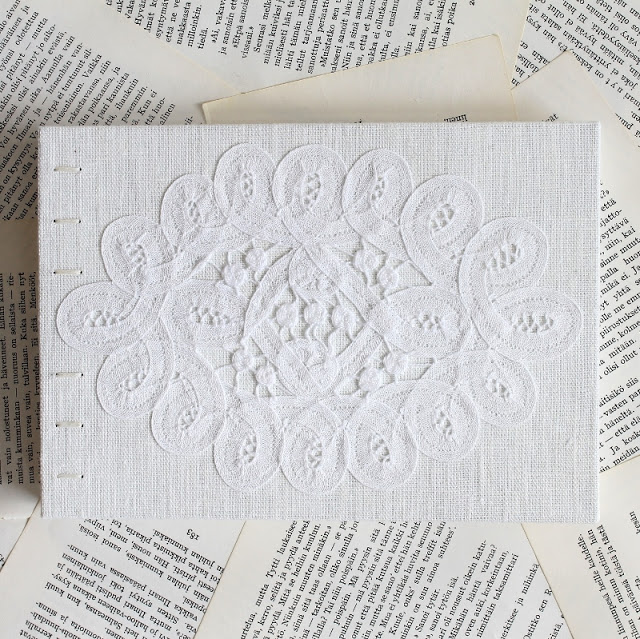 coptic bound guest book with vintage lace by Kaija Rantakari / paperiaarre.com
