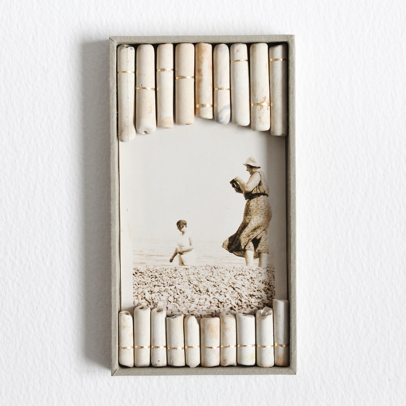 On the Shore - a mixed media collage by Kaija Rantakari, 2016 / vintage photo, found antique clay pipe stems, gold leaf, paper, board, vintage ribbon / www.paperiaarre.com