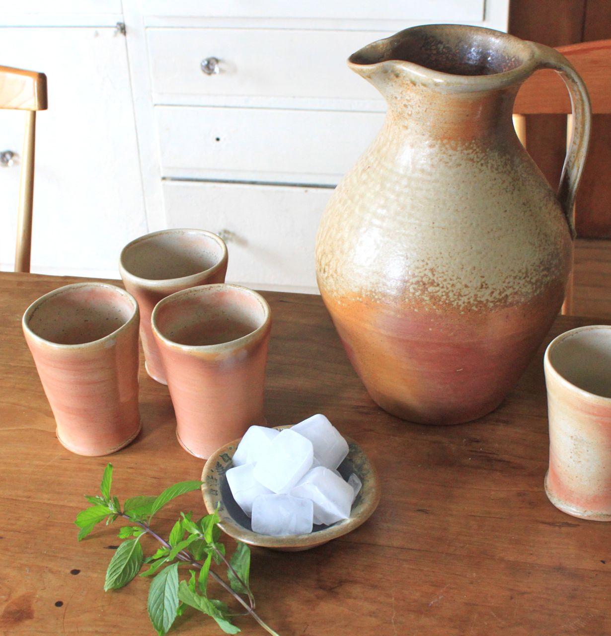 pitcher, woodfired pottery, handmade tumblers