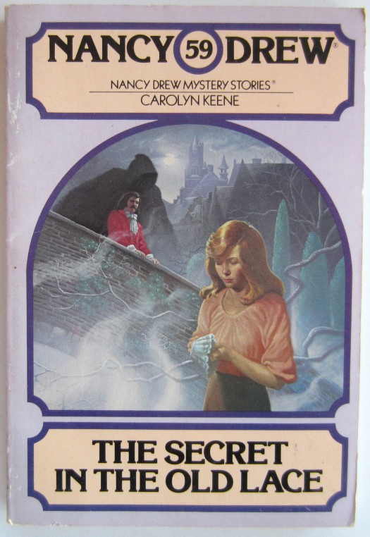 The cover for the 1980s-era paperback edition of The Secret in the Old Lace by Carolyn Keene