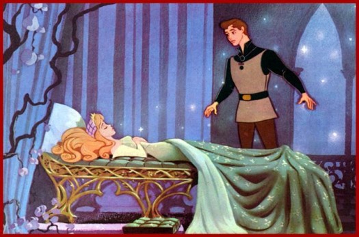 The image shows a scene from Disney's "Sleeping Beauty," in which Princess Aurora lies asleep waiting for the prince to save her.