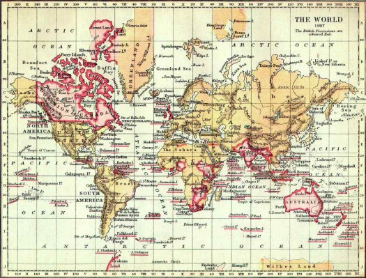 The World in 1897. The British possessions are colored red. 